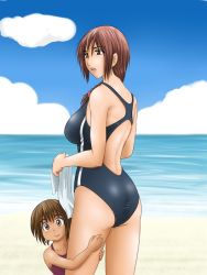 Rule 34 | 2girls, age difference, ass, beach, braid, breasts, brown eyes, brown hair, child, cloud, competition swimsuit, cowboy shot, cushion, day, eyebrows, female focus, from behind, futon suki, horizon, hug, large breasts, lips, looking at viewer, matching hair/eyes, mature female, mother and daughter, multiple girls, ocean, one-piece swimsuit, original, outdoors, sky, smile, standing, sweat, sweatdrop, swimsuit, thigh grab, thighs, towel, water, zabuton