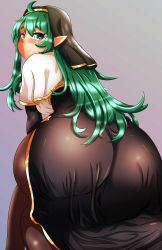Rule 34 | 1girl, absurdres, asami (houtengeki), ass, blue eyes, blush, borrowed character, breasts, capelet, dress, from behind, green hair, hairband, highres, huge ass, long hair, looking at viewer, looking back, original, pantyhose, pointy ears, puredarkness500, shiny clothes, sideboob, smile, solo, very long hair