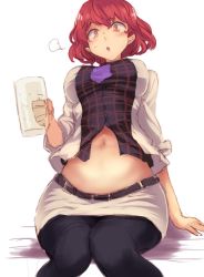 Rule 34 | 1girl, :o, puff of air, arm support, beer mug, belly, belt, black pantyhose, blush, breasts, cup, drinking glass, ear piercing, from below, holding, holding cup, holding drinking glass, horikawa raiko, jacket, knees together feet apart, large breasts, looking at viewer, looking down, midriff, miniskirt, mug, navel, necktie, open clothes, open jacket, open mouth, pantyhose, piercing, plaid, plaid shirt, purple necktie, red eyes, red hair, shirt, short hair, sitting, skirt, solo, stomach, sweat, touhou, utopia, white jacket, white skirt