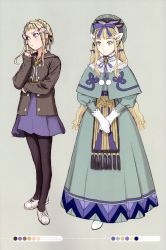 Rule 34 | 10s, 2girls, absurdres, alternate costume, alternate hairstyle, blonde hair, blue eyes, capelet, color guide, concept art, dress, gloves, gown, hair ornament, hat, highres, jacket, last exile, last exile: gin&#039;yoku no fam, long hair, millia il velch cutrettola turan, miniskirt, multiple girls, murata range, official art, pantyhose, ribbon, scan, skirt