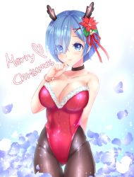Rule 34 | 10s, 1girl, antlers, bad id, bad pixiv id, bare shoulders, bell, black neckwear, black pantyhose, blue eyes, blue hair, blush, bracelet, breasts, cleavage, closed mouth, collarbone, commentary, cowboy shot, english text, eyes visible through hair, flower, fur trim, gluteal fold, hair flower, hair ornament, hair over one eye, hair ribbon, hairclip, hand on own chin, heart, horns, jewelry, jingle bell, large breasts, leotard, looking at viewer, merry christmas, pantyhose, petals, re:zero kara hajimeru isekai seikatsu, red leotard, red ribbon, rem (re:zero), ribbon, saltycaramel, short hair, smile, solo, standing, two-tone background, x hair ornament