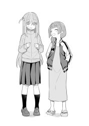 Rule 34 | 2girls, alternate height, blunt bangs, bocchi the rock!, bow, braid, closed eyes, cube hair ornament, dress, full body, geta, gotoh hitori, greyscale, hair bow, hair ornament, hair over shoulder, hands in pockets, highres, hiroi kikuri, jacket, loafers, long hair, long sleeves, medium dress, monochrome, multiple girls, one side up, open clothes, open jacket, open mouth, pleated skirt, shoes, simple background, single braid, skirt, smile, standing, tanaka ahiru, track jacket, white background
