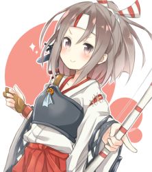 Rule 34 | 10s, 1girl, b allbrack, bad id, bad pixiv id, bow (weapon), brown eyes, brown hair, gloves, headband, japanese clothes, kantai collection, long hair, muneate, ponytail, simple background, smile, solo, weapon, zuihou (kancolle)