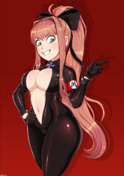 Rule 34 | 1girl, belly, bow, breasts, brown hair, cleavage, doki doki literature club, eyebrows, gloves, green eyes, grin, hair ribbon, highres, large breasts, long hair, looking at viewer, monika (doki doki literature club), navel, nazi, no bra, ponytail, red background, ribbon, shadman, simple background, smile, solo, standing, stomach, teeth