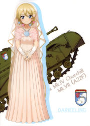 Rule 34 | 10s, 1girl, absurdres, blonde hair, blue flower, braid, bridal gauntlets, character name, churchill (tank), collarbone, darjeeling (girls und panzer), dress, earrings, flower, full body, girls und panzer, hair between eyes, hair flower, hair ornament, highres, jewelry, layered dress, long dress, looking at viewer, military, military vehicle, motor vehicle, necklace, pink dress, pink flower, ring, see-through, short hair, smile, solo, standing, swept bangs, tank, wedding dress, white background, white flower