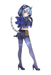 Rule 34 | 1girl, animal ears, blue hair, blue pantyhose, blue theme, cat ears, cat tail, fake animal ears, fake tail, fujisaki (graphic loops), full body, gloves, hair ornament, hairclip, high heels, highres, hood, kaitou beauty cat, long hair, looking at viewer, official art, pantyhose, pumps, simple background, skirt, snowflake print, solo, tail, toys drive, white background, yellow eyes