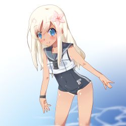 Rule 34 | 10s, 1girl, blonde hair, blue eyes, blush, crop top, flower, hair between eyes, hair flower, hair ornament, highres, kantai collection, leaning forward, long hair, miiyon, one-piece tan, ro-500 (kancolle), sailor collar, school swimsuit, smile, solo, swimsuit, swimsuit under clothes, tan, tanline
