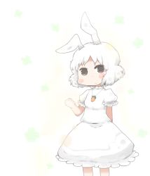 Rule 34 | 1girl, alternate color, alternate hair color, animal ears, blush, blush stickers, brown eyes, carrot, carrot necklace, clenched hand, cowboy shot, dress, female focus, frown, inaba tewi, inishie, jewelry, looking at viewer, necklace, pendant, puffy sleeves, rabbit ears, short hair, simple background, solo, standing, touhou, white background, white hair