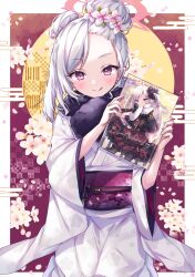 Rule 34 | 1girl, absurdres, black scarf, blue archive, blush, book, closed mouth, egasumi, flower, grey hair, hair flower, hair ornament, highres, holding, holding book, japanese clothes, kimono, long hair, long sleeves, looking at viewer, multiple views, mutsuki (blue archive), mutsuki (new year) (blue archive), obi, official alternate costume, official alternate hairstyle, petals, pink eyes, pink flower, sash, scarf, smile, sorashima (117), tongue, tongue out, white flower, white kimono, wide sleeves