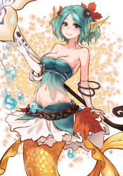 Rule 34 | 1girl, animal ears, aqua eyes, aqua hair, autumn leaves, bangle, bare shoulders, belt, blush, bracelet, breasts, cleavage, closed mouth, collarbone, elbow gloves, female focus, fins, gloves, groin, head fins, hestia (sdorica), highres, holding, holding staff, jewelry, leaf, looking at viewer, matching hair/eyes, medium breasts, mermaid, midriff, monster girl, navel, neck, pote0508, sdorica, short hair, simple background, smile, solo, staff, strapless, water, white gloves
