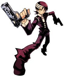 Rule 34 | 1boy, absurdres, black footwear, black hair, black jacket, black pants, collared shirt, commentary, contrapposto, death the kid, dual wielding, finger on trigger, foreshortening, gun, hair between eyes, handgun, highres, holding, holding gun, holding weapon, jacket, long sleeves, looking at viewer, male focus, multicolored hair, pants, pistol, shirt, short hair, skull, solo, soul eater, streaked hair, vakodraws, weapon, white background, white hair, white shirt