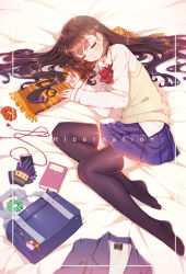 Rule 34 | 1girl, bag, black hair, black thighhighs, blurry, blush, book, cellphone, commentary request, earbuds, earphones, eyebrows, closed eyes, fangxiang cuoluan, full body, gloves, unworn gloves, highres, long hair, long sleeves, lying, on side, open mouth, original, phone, pleated skirt, scarf, school bag, school uniform, skirt, sleeping, solo, sweater vest, thighhighs, zettai ryouiki