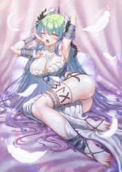 Rule 34 | 1girl, absurdres, anklet, arm behind head, arm up, armlet, armpits, ass, bare shoulders, barefoot, breasts, cleavage, covered navel, dress, feathers, feet, gradient hair, green eyes, green hair, hand up, head wings, highres, jewelry, large breasts, leg tattoo, long hair, looking at viewer, multicolored hair, no panties, nomalman, one eye closed, open mouth, pelvic curtain, purple hair, reginleif (seven knights), seven knights, sitting, solo, strapless, strapless dress, tattoo, tears, thighs, toes, vambraces, very long hair, white dress, wings, yokozuwari
