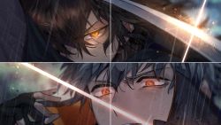 Rule 34 | 2boys, black gloves, black hair, blurry, check copyright, close-up, commentary request, copyright request, depth of field, fate/grand order, fate (series), fingerless gloves, futon (ftn 7118), glint, gloves, glowing, glowing eyes, grey hair, hair over one eye, half-closed eyes, hand up, highres, long hair, male focus, multiple boys, okada izou (fate), orange eyes, rain, saitou hajime (fate), sanpaku, serious, social media composition, sparks, stitched, sword, third-party edit, wavy hair, weapon