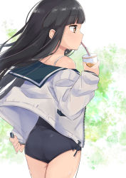 Rule 34 | 1girl, aoshima sakana, black hair, blunt bangs, blush, brown eyes, commentary request, cowboy shot, cup, drinking straw, hatsuyuki (kancolle), hime cut, kantai collection, long hair, long sleeves, one-piece swimsuit, sailor collar, school swimsuit, simple background, solo, swimsuit, swimsuit under clothes