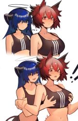 Rule 34 | !, !!, 2girls, absurdres, arknights, bare shoulders, blue eyes, blue hair, breasts, cleavage, commentary, crop top, distr, fiammetta (arknights), grabbing, grabbing another&#039;s breast, grabbing from behind, halo, highres, horns, large breasts, long hair, medium support (meme), meme, midriff, mostima (arknights), multiple girls, multiple views, pointy hair, red eyes, red hair, short hair, simple background, sports bra, white background