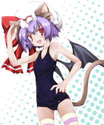 Rule 34 | 1girl, alternate costume, animal ears, bad id, bad pixiv id, bare shoulders, bat wings, black one-piece swimsuit, cat ears, cat girl, cat tail, female focus, hand on own hip, hat, kemonomimi mode, light purple hair, one-piece swimsuit, open mouth, panties, red eyes, remilia scarlet, school swimsuit, short hair, skindentation, smile, solo, striped clothes, striped panties, swimsuit, tail, thighhighs, touhou, underwear, waving, wings, yumesato makura