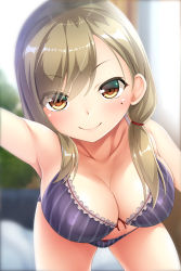 Rule 34 | 1girl, bad id, bad pixiv id, black bra, black panties, blurry, blurry background, blush, bow, bow bra, bow panties, bra, breasts, brown hair, cleavage, closed mouth, collared shirt, commentary request, depth of field, frilled bra, frills, hair over shoulder, hair tie, highres, kneeling, leaning forward, long hair, looking at viewer, medium breasts, mole, mole under eye, noshimasa, orange eyes, original, panties, reaching, reaching towards viewer, selfie, shirt, smile, solo, striped bra, striped clothes, striped panties, swept bangs, twintails, underwear, underwear only, vertical-striped bra, vertical-striped clothes, vertical-striped panties