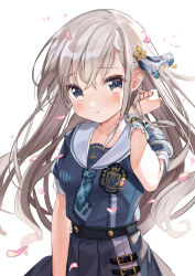 Rule 34 | 1girl, :t, blue dress, blue eyes, blue necktie, blue ribbon, blush, braid, braided bangs, closed mouth, collared dress, commentary, dress, emblem, frilled cuffs, frown, grey hair, hair ribbon, hand in own hair, highres, hisakawa hayate, idolmaster, idolmaster cinderella girls, kanda done, light blush, long hair, looking at viewer, necktie, petals, plaid necktie, plaid neckwear, pout, ribbon, short sleeves, solo, standing, upper body, white background