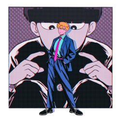 Rule 34 | 2boys, belt, black eyes, black footwear, black hair, blonde hair, blue pants, blunt bangs, border, checkered background, chromatic aberration, closed mouth, cm wm, collared shirt, commentary request, formal, full body, hands in pockets, highres, kageyama shigeo, long sleeves, male focus, mob psycho 100, multiple boys, necktie, outside border, pants, pink necktie, pointing, pointing at another, reigen arataka, shirt, shoes, short hair, standing, suit, white border