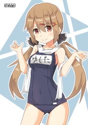 Rule 34 | 1girl, alternate costume, artist name, black bow, blue one-piece swimsuit, blush, bow, breasts, brown eyes, brown hair, collarbone, covered navel, cowboy shot, gluteal fold, hair between eyes, hair bow, hair ornament, highres, kantai collection, long hair, looking at viewer, low twintails, medium breasts, name tag, old school swimsuit, one-piece swimsuit, pepatiku, ribbon trim, scarf, school swimsuit, smile, solo, standing, swimsuit, swimsuit under clothes, tashkent (kancolle), torn clothes, torn scarf, twintails, white scarf