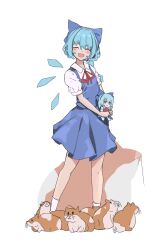 Rule 34 | 1girl, absurdres, animal, blue bow, blue dress, blue hair, blush, bow, cirno, cirno day, closed eyes, collared shirt, detached wings, dress, facing viewer, fairy, fairy wings, fumo (doll), hair bow, hamster, highres, open mouth, pinafore dress, shirt, short hair, short sleeves, simple background, sleeveless, sleeveless dress, smile, socks, solo, touhou, vanilla flan, white background, white shirt, white socks, wings