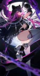 Rule 34 | 1girl, animal ears, arched back, arm up, asymmetrical gloves, black background, black cape, black gloves, black leotard, blurry, blurry foreground, breasts, cape, chain, closed mouth, fake animal ears, fate/grand order, fate (series), floating hair, full moon, gloves, grey thighhighs, highres, holding, holding scythe, hood, hood over eyes, hood up, hooded, hoojiro, leotard, long hair, medium breasts, medusa (fate), medusa (lancer) (fate), medusa (rider) (fate), moon, purple hair, red eyes, rider, scythe, solo, standing, thighhighs, uneven gloves, very long hair, white gloves