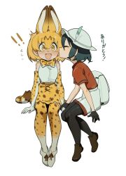 Rule 34 | 2girls, animal ears, backpack, bag, bare shoulders, black gloves, black hair, black pantyhose, blonde hair, blush, boots, bow, bowtie, brown footwear, cat ears, cat girl, cat tail, closed eyes, elbow gloves, extra ears, full-face blush, gloves, gradient legwear, grey shorts, hair between eyes, hat feather, helmet, high-waist skirt, highres, holding hands, kaban (kemono friends), kemono friends, kiss, kissing cheek, kuri (8mr4i9afb6bmulu), loafers, multiple girls, open mouth, pantyhose, pith helmet, print bow, print bowtie, print gloves, print skirt, print thighhighs, red shirt, serval (kemono friends), serval print, shirt, shoes, short hair, short sleeves, shorts, sidelocks, sitting, skirt, sleeveless, surprised, t-shirt, tail, thighhighs, translation request, white footwear, white shirt, white thighhighs, yellow eyes, zettai ryouiki