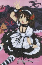 Rule 34 | 00s, 1girl, :d, arm support, arm up, bag, bow, breasts, brown hair, buckle, choker, cleavage, corset, dress, flower, frilled dress, frills, from above, from side, goth fashion, gothic lolita, hair flower, hair ornament, hairband, handbag, ikeda shouko, indoors, kneehighs, lolita fashion, lolita hairband, looking at viewer, megami magazine, non-web source, official art, on floor, open mouth, plaid, puffy short sleeves, puffy sleeves, purple flower, purple rose, red flower, red rose, ribbon, ribbon choker, rose, scan, short hair, short sleeves, sitting, smile, socks, solo, spider web print, striped clothes, striped socks, stuffed animal, stuffed toy, suzumiya haruhi, suzumiya haruhi no yuuutsu, teddy bear, waving, wrist cuffs, yellow eyes