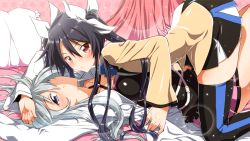 Rule 34 | 2girls, bed, bed sheet, black hair, black skirt, black thighhighs, blue bow, blue bowtie, blue eyes, blue thighhighs, bow, bowtie, collarbone, criss-cross halter, curtains, hair bow, hair ornament, hair ribbon, halterneck, lab coat, long hair, long sleeves, looking at viewer, lying, multicolored thighhighs, multiple girls, on back, on bed, on person, ore twintail ni narimasu, pillow, pleated, pleated skirt, profile, ribbon, school uniform, single vertical stripe, skindentation, skirt, striped clothes, striped thighhighs, thighhighs, tsube aika, twintails, twoearle, uniform, vertical-striped clothes, vertical-striped thighhighs, very long hair, white bow, white hair, white ribbon, yuri, yuto (dialique), zettai ryouiki