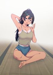Rule 34 | 1girl, absurdres, arm up, armpits, barefoot, black hair, blue shorts, breasts, brown eyes, cleavage, crossed legs, dark-skinned female, dark skin, feet, feifufung, glasses, grey background, grey tank top, hair ornament, hairclip, hand in own hair, highres, large breasts, legs, long hair, midriff, one-piece swimsuit, one-piece tan, open mouth, original, ponytail, short shorts, shorts, simple background, sitting, skindentation, solo, swimsuit, tan, tank top, tanline, tatami, thighs, toes