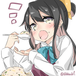 Rule 34 | 10s, 1girl, ^^^, bad id, bad twitter id, black hair, blue bow, blue bowtie, blush, bow, bowtie, collared shirt, dress, ebifurya, eyebrows, fang, food, food on face, gradient eyes, hair ornament, hand up, highres, holding, holding spoon, inactive account, kantai collection, long sleeves, multicolored eyes, multicolored hair, naganami (kancolle), open mouth, pink hair, rice, shirt, simple background, solo, spoon, twitter username, two-tone hair, upper body, white background, white shirt