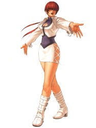 Rule 34 | 1girl, boots, breasts, brown hair, cleavage, cleavage cutout, clothing cutout, earrings, hair over eyes, jewelry, knee boots, long hair, medium breasts, miniskirt, neo geo battle coliseum, official art, ogura eisuke, shermie (kof), skirt, snk, solo, the king of fighters, twintails