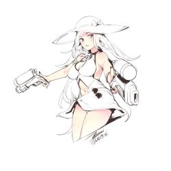 Rule 34 | 1girl, breasts, character request, closed mouth, dated, dual wielding, ejami, gun, hat, holding, long hair, looking at viewer, monochrome, nail polish, navel, signature, simple background, solo, swimsuit, weapon, white background