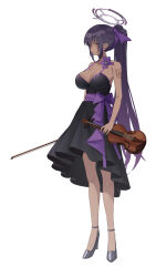 Rule 34 | 1girl, alternate costume, black dress, black footwear, black hair, blue archive, blush, bow (music), breasts, brown eyes, cleavage, closed mouth, collarbone, dark-skinned female, dark skin, dress, full body, halo, high heels, highres, holding, holding bow (music), holding instrument, instrument, karin (blue archive), large breasts, long hair, nnn051821, ponytail, purple halo, simple background, solo, violin, white background