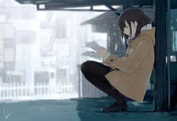 Rule 34 | 1girl, black hair, coat, highres, holding, loundraw, original, shoes, short hair, signature, solo, tears