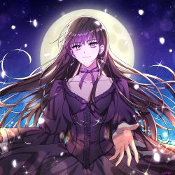 Rule 34 | artist name, black dress, breasts, cleavage, cross, cross earrings, dress, earrings, frilled dress, frills, full moon, glint, highres, jewelry, lem tea, long hair, medea solon, moon, night, night sky, outdoors, outstretched hand, purple eyes, purple ribbon, ribbon, sky, smile, solo, standing, very long hair, your throne