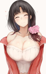 Rule 34 | 1girl, bare shoulders, black hair, blunt bangs, breasts, cleavage, closed eyes, closed mouth, collarbone, facing viewer, hair ornament, hair over shoulder, heart, highres, jacket, large breasts, long hair, mole, mole on neck, nijisanji, off shoulder, open clothes, open jacket, red jacket, serizawa (serizawaroom), shirt, simple background, smile, solo, suzuka utako, track jacket, upper body, virtual youtuber, white background, white shirt