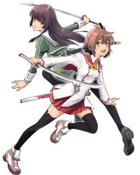 Rule 34 | 10s, 2girls, :d, ankle boots, black legwear, blunt bangs, boots, brown eyes, brown hair, buttons, cross-laced footwear, double-breasted, dress, etou kanami, from side, full body, green dress, green neckwear, grey outline, heijou institute school uniform, highres, holding, holding sword, holding weapon, juujou hiyori, lace-up boots, loafers, long hair, long sleeves, looking at viewer, looking to the side, minoseki gakuin uniform, multiple girls, one side up, open mouth, outline, outstretched arm, pantyhose, pleated dress, pleated skirt, red eyes, red sailor collar, red skirt, ribbon, round teeth, sailor collar, saitou sakae, school uniform, sheath, shoes, short hair, simple background, skirt, smile, straight-laced footwear, sword, teeth, thighhighs, toji no miko, weapon, white background, white sailor collar, yellow neckwear, yellow ribbon, zettai ryouiki