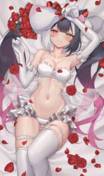 Rule 34 | 1girl, animal ears, arm up, bare shoulders, black hair, blush, bouquet, breasts, bridal veil, closed mouth, collarbone, commentary, commission, elbow gloves, flower, food, frilled panties, frills, fruit, gloves, gradient hair, green eyes, heterochromia, highres, holding, holding bouquet, indie virtual youtuber, long hair, looking at viewer, lying, medium breasts, metatarou, mochi, multicolored hair, navel, on back, on bed, panties, petals, pink eyes, pink hair, qiu yue (vtuber), red flower, red rose, rose, skeb commission, smile, solo, stomach, strawberry, streaked hair, thighhighs, twintails, underwear, veil, virtual youtuber, white gloves, white hair, white panties, white thighhighs
