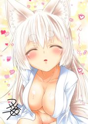 Rule 34 | 1girl, animal ear fluff, animal ears, blush, breasts, cleavage, collarbone, commentary request, closed eyes, facing viewer, fox ears, heart, incoming kiss, kohaku (yua), large breasts, long hair, naked shirt, open clothes, open shirt, original, parted lips, shirt, signature, solo, translated, white hair, white shirt, yua (checkmate)
