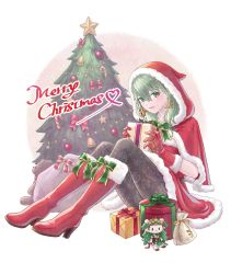 Rule 34 | 1girl, alternate costume, bad id, bad twitter id, boots, bow, box, byleth (female) (fire emblem), byleth (fire emblem), candy, candy cane, character doll, christmas ornaments, christmas tree, earrings, fire emblem, fire emblem: three houses, fire emblem heroes, food, fur trim, gift, gift bag, gift box, gloves, green eyes, green hair, high heel boots, high heels, highres, holding, hood, hood up, jewelry, knees up, medium hair, merry christmas, nintendo, oront1y, pantyhose, parted lips, red gloves, sack, santa costume, sitting, solo, sothis (fire emblem), sothis (winter) (fire emblem), stuffed animal, stuffed toy, teddy bear