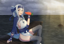 Rule 34 | 10s, 1girl, ainu clothes, anchor, black thighhighs, blue eyes, breasts, carrot, clothes between thighs, cropped jacket, folded ponytail, headband, kamoi (kancolle), kaname (melaninusa09), kantai collection, large breasts, long hair, long sleeves, looking at viewer, open mouth, outdoors, pier, sideboob, sidelocks, sitting, solo, thick eyebrows, thighhighs, water, white hair, wrist guards