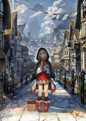 Rule 34 | 1girl, akizone, architecture, basket, black socks, blonde hair, blush, boots, bow, building, cape, city, cityscape, cloak, clothesline, cloud, day, dress, fantasy, floating island, head tilt, hood, kneehighs, lamppost, light particles, light smile, long hair, long sleeves, looking at viewer, original, outdoors, pavement, petals, railing, red eyes, red footwear, ribbon, road, scenery, sign, skirt, sky, socks, solo, standing, sunlight, wind