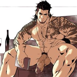 Rule 34 | 1boy, abs, bara, bird, black hair, bottle, chest hair, collarbone, completely nude, couch, cup, dizdoodz, drinking glass, eagle, facial hair, feet out of frame, final fantasy, final fantasy xv, flaccid, gladiolus amicitia, highres, jewelry, large pectorals, large penis, looking at viewer, male focus, male pubic hair, medium hair, muscular, muscular male, naughty face, navel, navel hair, necklace, nipples, nude, pectorals, penis, pubic hair, scar, scar across eye, scar on face, seductive smile, shoulder tattoo, sideburns, sitting, smile, solo, spread legs, stubble, tattoo, testicles, thick thighs, thighs, undercut, veins, veiny penis