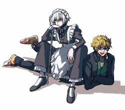 Rule 34 | 2boys, a certain high school uniform, accelerator (toaru majutsu no index), albino, alternate costume, androgynous, annoyed, apron, black choker, black dress, black footwear, black jacket, black pants, blonde hair, cane, choker, crossdressing, dress, electrodes, frilled apron, frills, frown, full body, green shirt, holding, holding cane, holding crutch, jacket, knees up, long sleeves, looking to the side, maid, maid apron, maid headdress, male maid, mary janes, multiple boys, neck ribbon, open mouth, pale skin, pants, puffy sleeves, red eyes, ribbon, sanpaku, school uniform, shadow, shirt, shoes, short hair, sitting, sitting on person, smile, sneakers, spiked hair, squatting, sunglasses, t (ttkxxx), toaru majutsu no index, toaru majutsu no index: old testament, tsuchimikado motoharu, waist apron, white apron, white background, white hair, yellow footwear