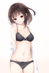 Rule 34 | 1girl, black bra, black eyes, black hair, black panties, blush, bow, bow bra, bow panties, bra, breasts, clothes pull, commentary, cowboy shot, frilled bra, frills, gradient background, groin, head tilt, highres, looking at viewer, michizane sgawl, navel, off shoulder, open clothes, open mouth, open shirt, original, panties, pulled by self, shirt, shirt pull, short hair, small breasts, smile, solo, standing, underwear, white background, white shirt