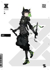 Rule 34 | 1girl, absurdres, black footwear, black gloves, black hair, black jacket, black pants, closed mouth, colored inner hair, commentary request, dagger, dual wielding, gloves, green hair, head tilt, headgear, highres, holding, holding dagger, holding knife, holding weapon, hood, hood down, hooded jacket, jacket, knife, long sleeves, looking at viewer, multicolored hair, original, pants, puffy pants, sanshouuo, shoes, solo, two-tone hair, v-shaped eyebrows, weapon, white background, yellow eyes