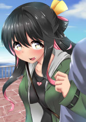 Rule 34 | 1girl, alternate costume, between breasts, black hair, black shirt, blue eyes, blush, breasts, brick road, day, fang, gradient eyes, heart, heart-shaped lock, heart necklace, highres, hip focus, hood, hoodie, jewelry, kantai collection, kashiwamochi (kashiwakashiwa), leaning forward, locked arms, long hair, looking to the side, medium breasts, multicolored eyes, multicolored hair, naganami (kancolle), necklace, ocean, open clothes, open hoodie, open mouth, outdoors, pier, pink hair, railing, shirt, shoulder strap, sidelocks, sky, smile, solo focus, strap, strap between breasts, t-shirt, two-tone hair, yellow eyes