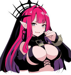 Rule 34 | 1girl, bare shoulders, bracelet, breasts, bridal gauntlets, detached sleeves, earrings, baobhan sith (fate), baobhan sith (second ascension) (fate), fate/grand order, fate (series), grey eyes, jewelry, large breasts, long hair, looking at viewer, open mouth, pink hair, pointy ears, revealing clothes, shiseki hirame, sidelocks, smile, solo, tiara, veil